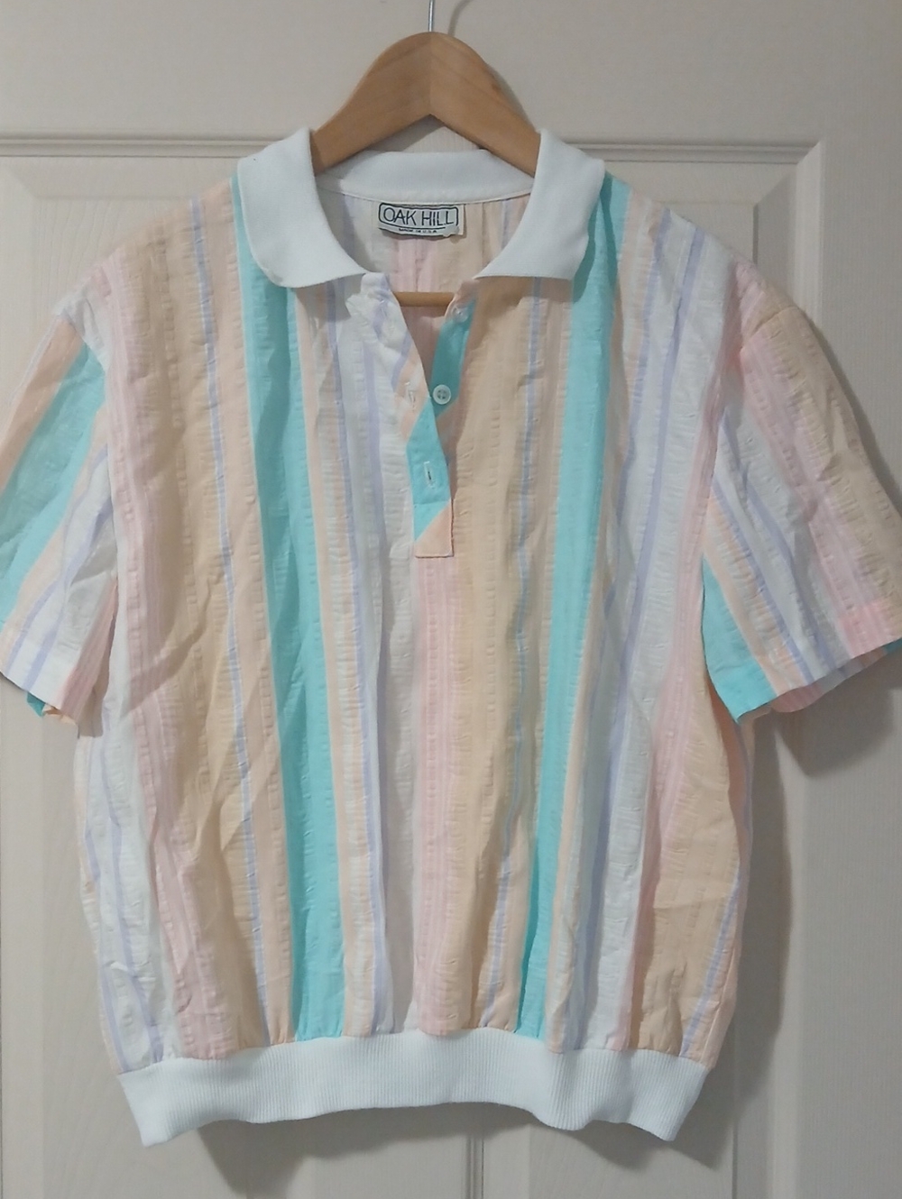 Oak Hill Pastel Stripe White Collar Polo Top Size M/L